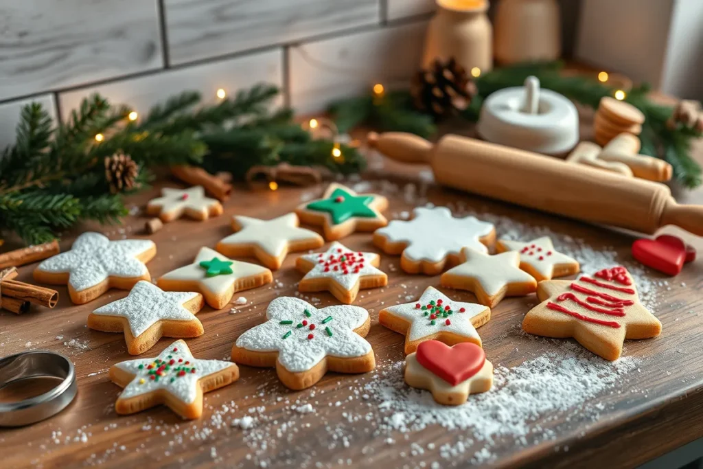 Frisch gebackene deutsche Plätzchen auf einem rustikalen Holztisch, dekoriert mit Zuckerguss und Streuseln, neben Nudelholz und Ausstechformen – ideales Rezept für Weihnachtsplätzchen