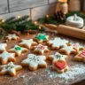 Frisch gebackene deutsche Plätzchen auf einem rustikalen Holztisch, dekoriert mit Zuckerguss und Streuseln, neben Nudelholz und Ausstechformen – ideales Rezept für Weihnachtsplätzchen