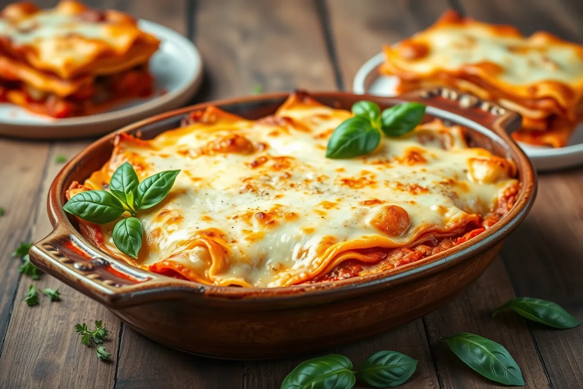 Frisch gebackene Lasagne mit goldener Käsekruste, Bolognese und Béchamel, in einer rustikalen Auflaufform garniert mit Basilikum