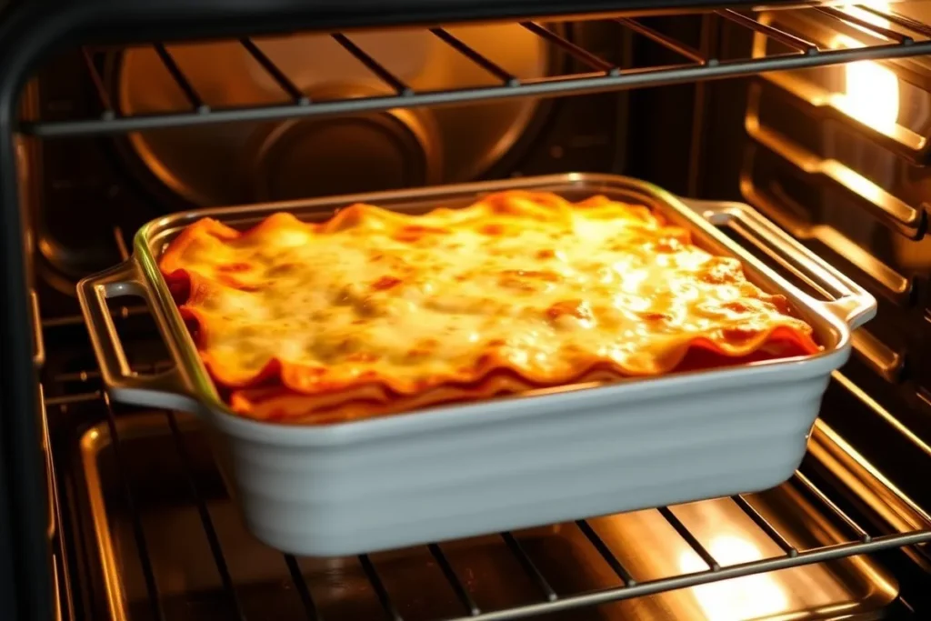 Die Lasagne wird in den Ofen geschoben, um goldbraun zu backen.
