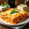 Eine frisch gebackene, goldbraune Lasagne mit Schichten aus Nudelplatten, Bolognese-Sauce, Béchamelsauce und Käse, serviert auf einem rustikalen Holztisch mit frischem Basilikum und Parmesan im Hintergrund.