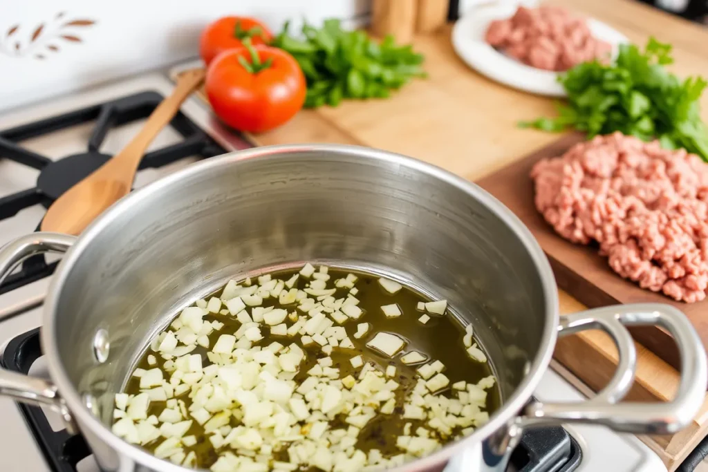 Bolognese-Sauce wird in einer Pfanne mit Zwiebeln, Knoblauch und Gewürzen zubereitet.
