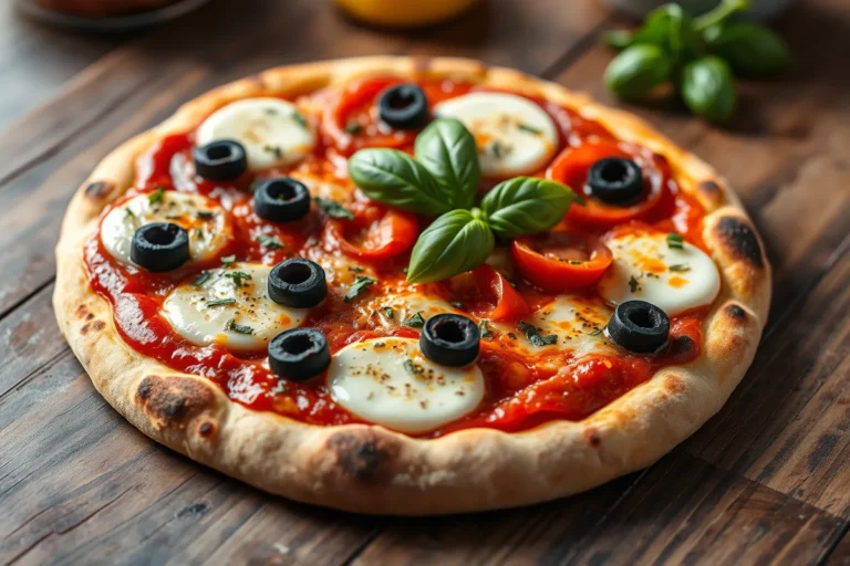 Fladenbrotpizza Napoli mit Tomaten, Mozzarella, Oliven und frischen Kräutern auf einem knusprigen Fladenbrot-Boden