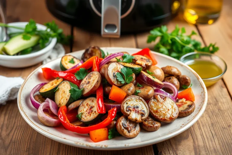 Ein Teller mit geröstetem Gemüse, darunter Zucchini, rote Paprika, rote Zwiebeln und Champignons, garniert mit frischer Petersilie. Die Szene zeigt eine rustikale Präsentation auf einem Holztisch mit Olivenöl und frischen Kräutern im Hintergrund.