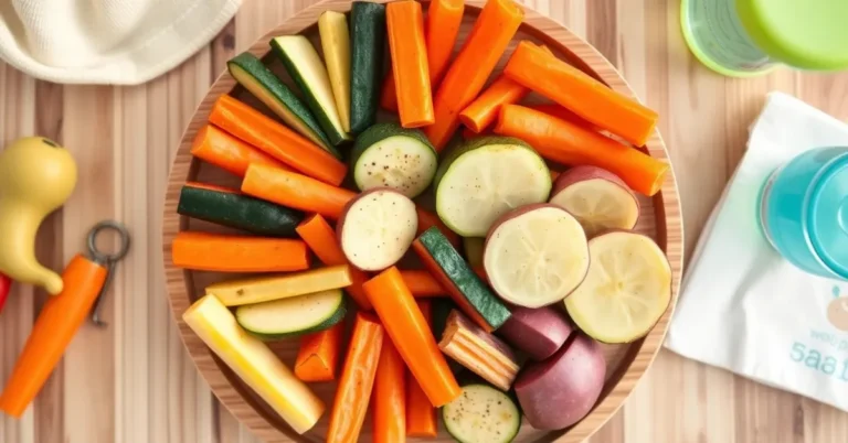 Eine Platte mit gebackenen Gemüse-Sticks für Baby Led Weaning (BLW), ideal für Babys ab 6 Monaten.