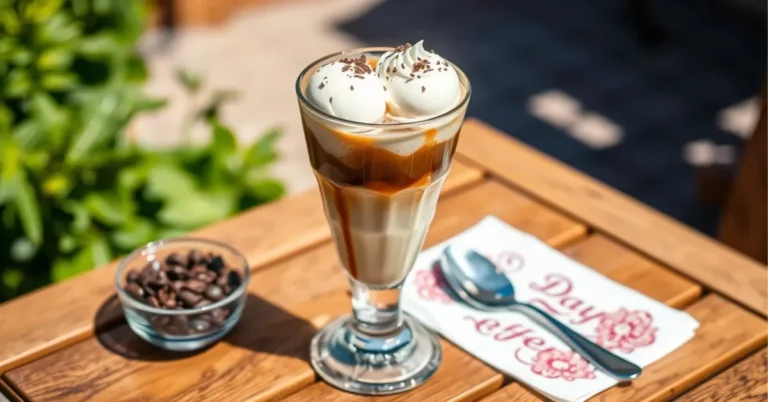 Ein Glas Eiskaffee mit Vanilleeis, Schlagsahne und Schokoladenraspeln, serviert auf einem Holztisch mit einer sommerlichen Atmosphäre