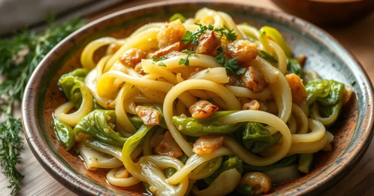 Wirsing mit Zwiebeln und Knoblauch, serviert mit frischen Kräutern, auf einem rustikalen Teller