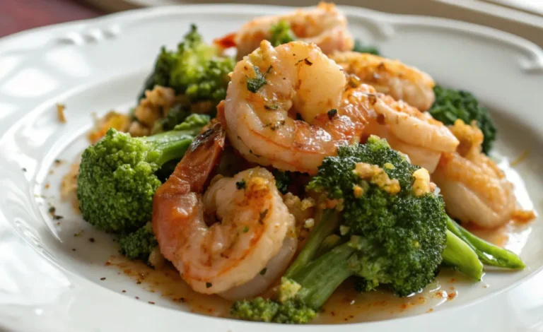 Knoblauchgarnelen mit Brokkoli, serviert in einem weißen Keramikteller, aufgenommen mit natürlichem Licht