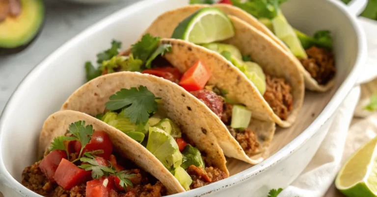 Ein Nahaufnahme von Low Carb Tacos, serviert auf einem schlichten weißen Teller mit Avocado, Tomate, Koriander und Limette