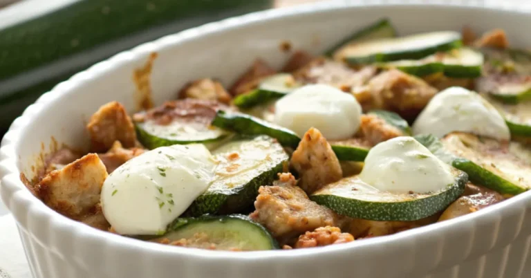 Eine Nahaufnahme von oben von Zucchini mit Hähnchen und Mozzarella, serviert auf einem schlichten weißen Teller, der reichhaltige Texturen und lebendige Farben zeigt.