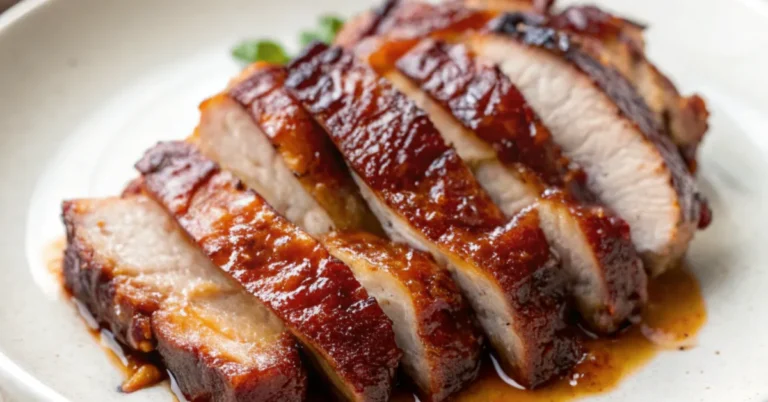 Authentisches Chinesisches BBQ-Schweinefleisch serviert auf einem weißen Teller mit natürlichem Licht und detailgetreuen Farben.