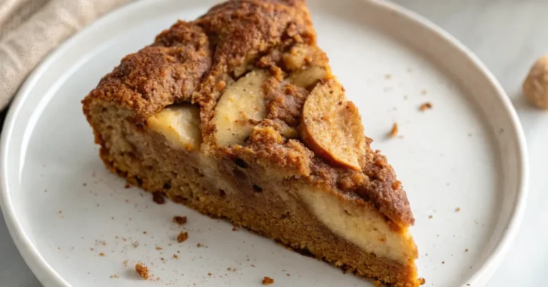 Braune Butter Apfel-Gewürzkuchen serviert auf einem weißen Teller, mit Apfelstücken und einer leichten Puderzuckerbestäubung.