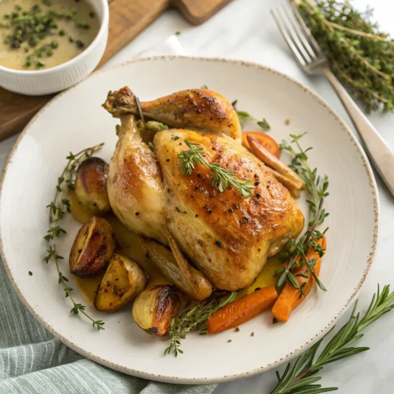 A close-up of Knoblauchbutter-Brathähnchen (garlic butter roasted chicken) served on a plain white plate with roasted vegetables and fresh herbs