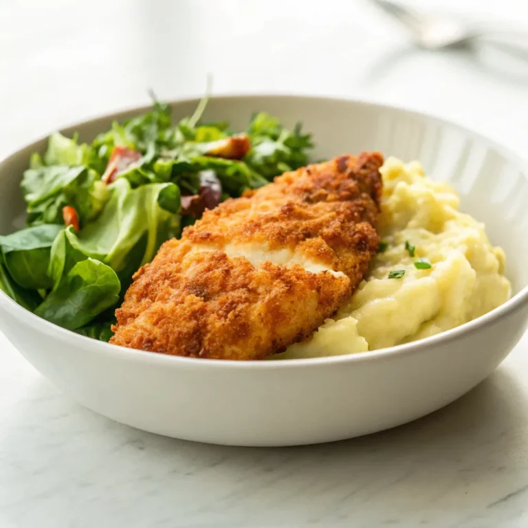 Ein Teller mit knusprigem Knoblauchbutter-Brathähnchen, serviert mit cremigem Kartoffelstampf und frischem Salat aus Tomaten und Gurken.
