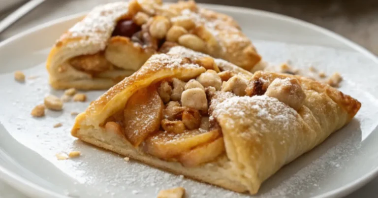 Frisch gebackene Apfeltaschen mit Blätterteig auf einem weißen Teller, goldbraun und knusprig mit einer saftigen Apfelfüllung, serviert auf einem Holztisch