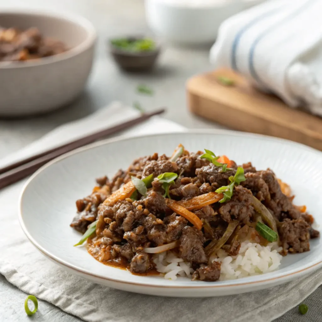 Nahaufnahme von Bulgogi mit Hackfleisch auf weißem Teller, serviert mit Reis und Frühlingszwiebeln