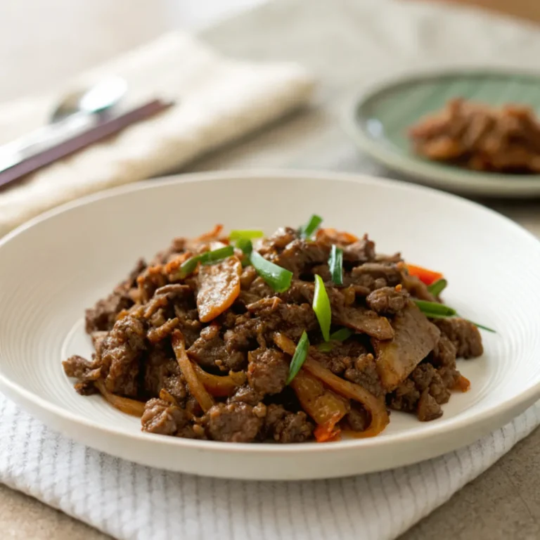 Nahaufnahme von Bulgogi mit Hackfleisch auf weißem Teller, serviert mit Reis und Frühlingszwiebeln