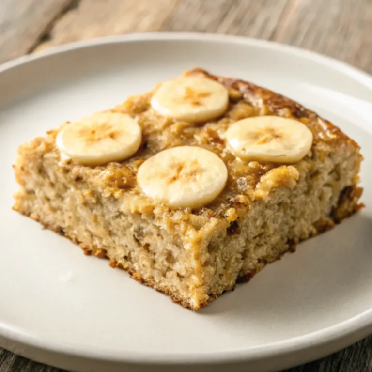 Ein gesunder Diätkuchen mit Haferflocken und Bananen, angerichtet auf einem weißen Teller – Nahaufnahme mit natürlichem Licht