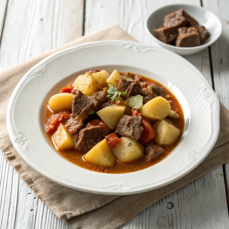 Herzhafter Rindfleisch- und Kartoffel-Eintopf auf einem weißen Teller, serviert mit Kartoffeln, Möhren und Rindfleisch, in natürlichem Licht