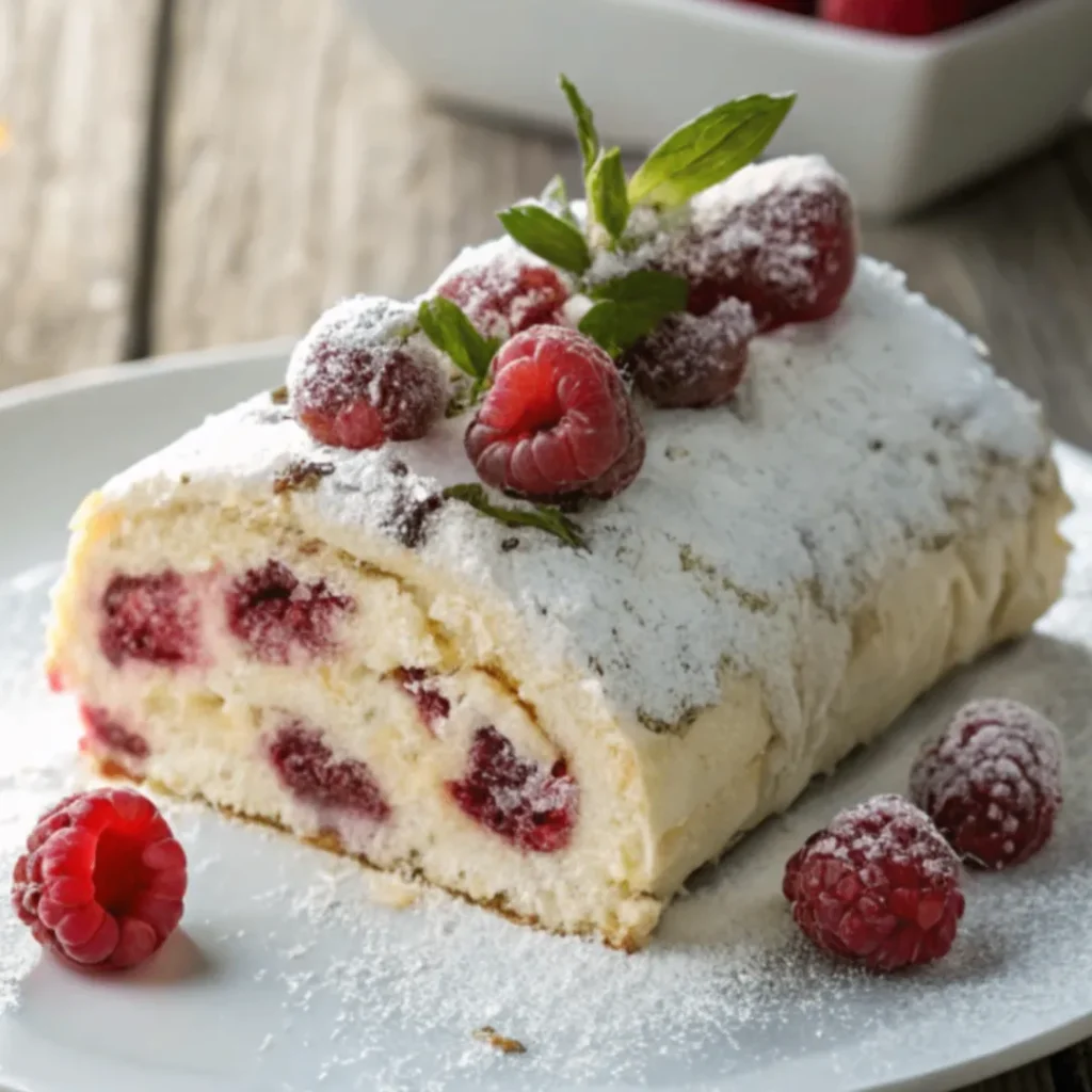Himbeer-Mascarpone-Bûche auf weißem Teller serviert, Nahaufnahme mit natürlichen Farben und weichem Licht
