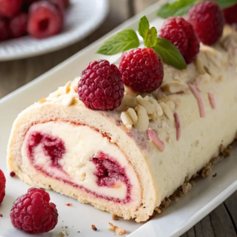 Himbeer-Mascarpone-Bûche auf weißem Teller serviert, Nahaufnahme mit natürlichen Farben und weichem Licht