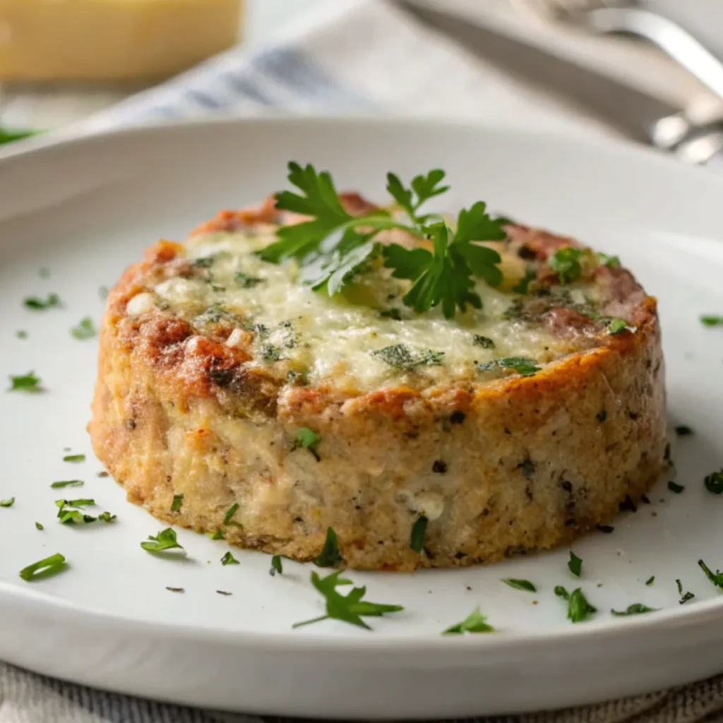Nahaufnahme von Hüttenkäsetaler Low Carb auf weißem Teller, natürlich beleuchtet und serviert auf einem Holztisch