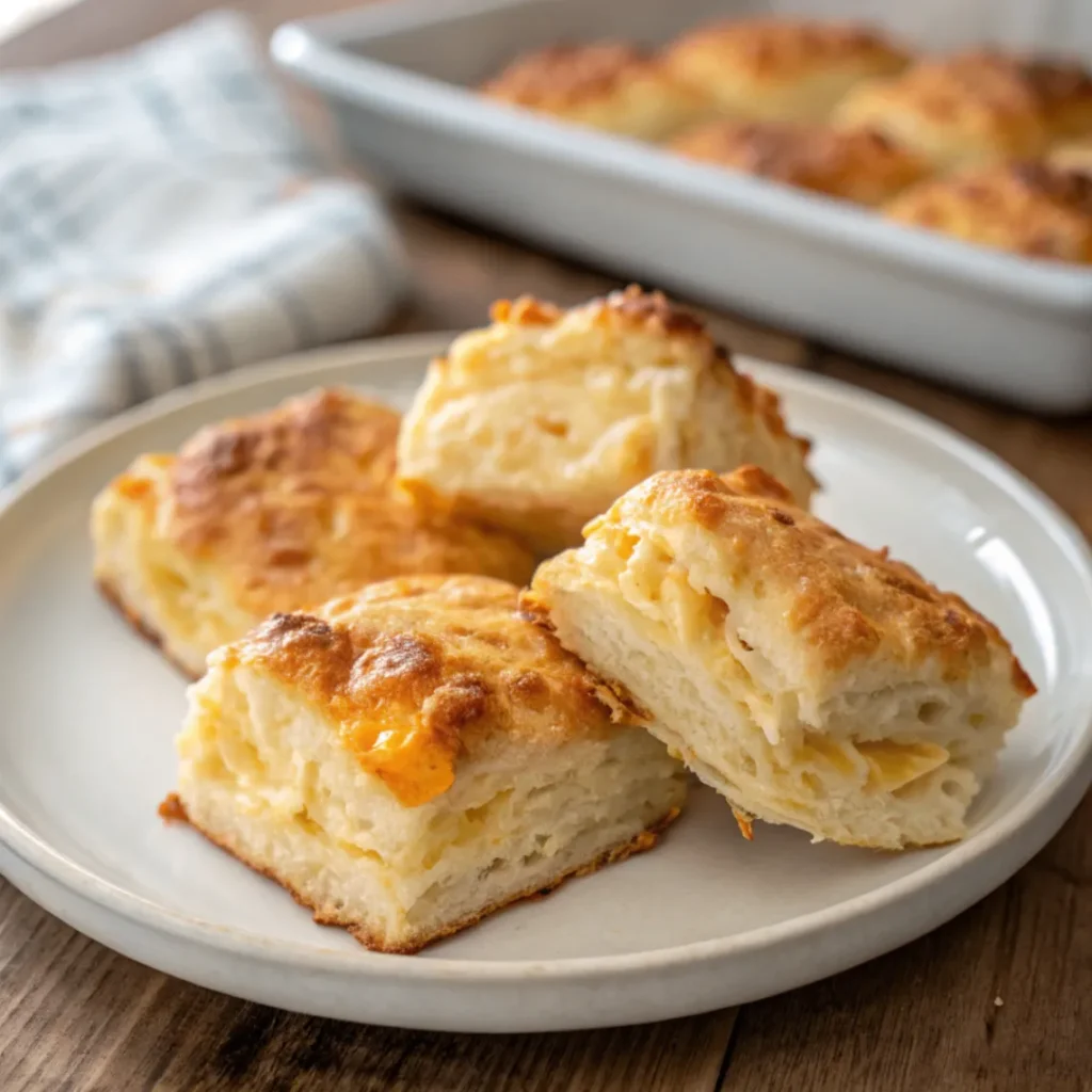 Käse-Biskuits auf weißem Teller, frisch gebacken, goldene Kruste und schmelzender Käse