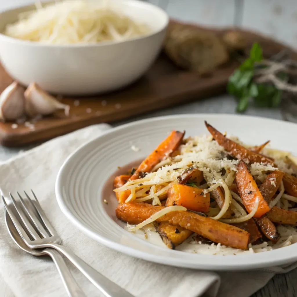 Diese Nahaufnahme zeigt perfekt gebackene Knoblauch-Parmesan-Ofenkarotten, angerichtet auf einem weißen Teller. Die goldbraunen Karotten glänzen leicht durch das hochwertige Olivenöl und sind großzügig mit frischem Parmesan bestreut. Ideal als aromatische Beilage für jede Mahlzeit.