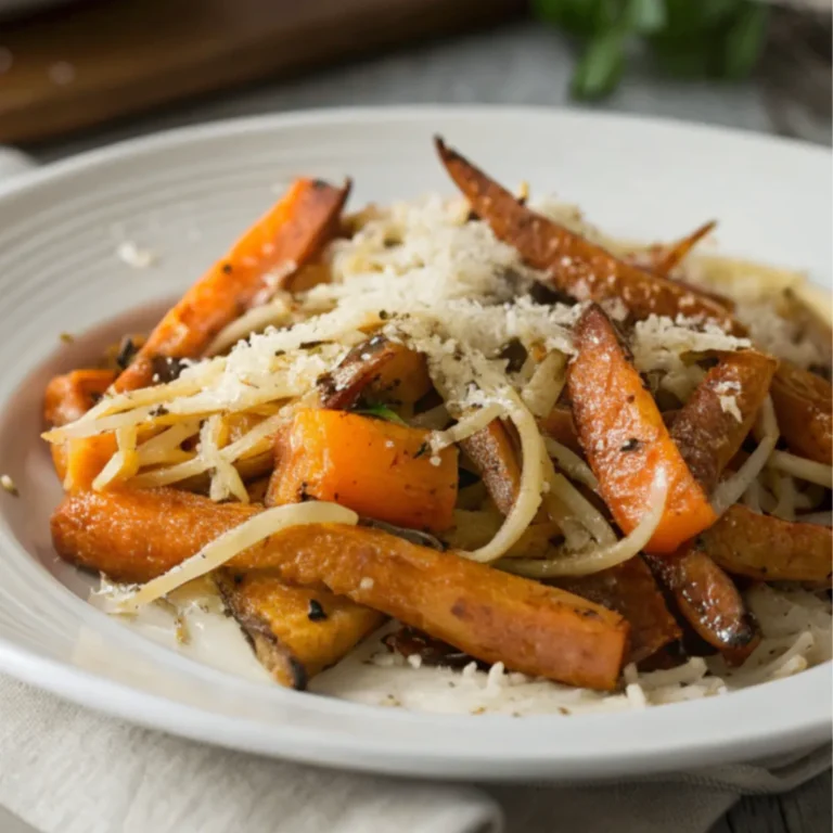 Knusprige Knoblauch-Parmesan-Ofenkarotten serviert auf weißem Teller mit goldbrauner Kruste und frisch geriebenem Parmesan