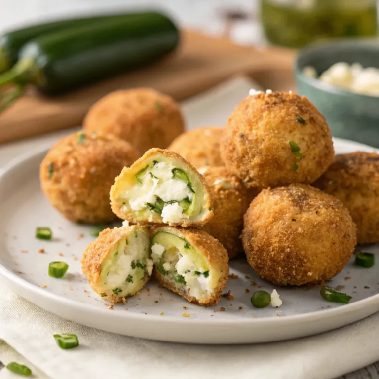 Knusprige Zucchini-Feta-Bällchen serviert auf einem weißen Teller mit natürlichem Licht aufgenommen