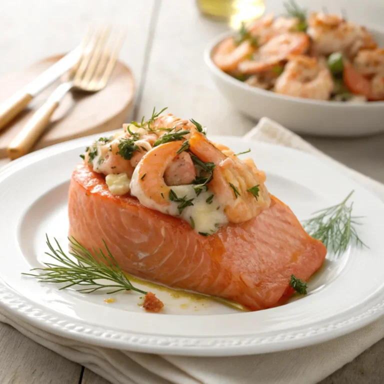 Krabben- und Garnelen-Gefüllter Lachs serviert auf einem weißen Teller mit cremiger Füllung und frischen Kräutern, aufgenommen in natürlichem Licht