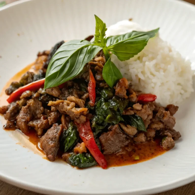 Pad Kra Pao mit thailändischem Basilikum und Rindfleisch auf weißem Teller, thailändisches Wokgericht mit Jasminreis, frisch serviert und authentisch fotografiert