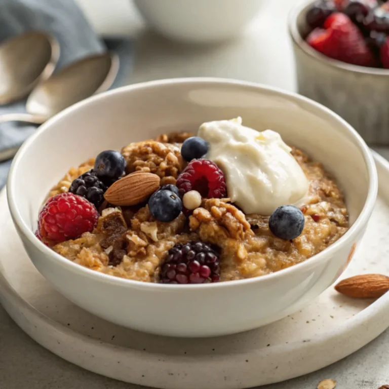 Ultra-realistic close-up of Porridge mit Joghurt served with fresh berries, nuts, and yogurt in a white ceramic bowl, shot with natural lighting