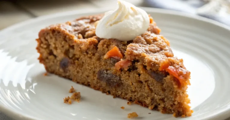 Nahaufnahme eines saftigen schnellen Karottenkuchens auf weißem Teller, serviert auf einem Holztisch bei natürlichem Licht