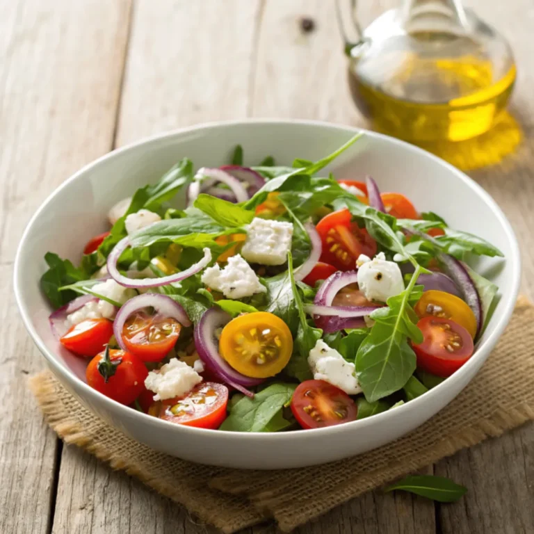 Frischer Jamie Oliver Salat mit Rucola, Kirschtomaten, roten Zwiebeln und Feta auf rustikalem Holztisch