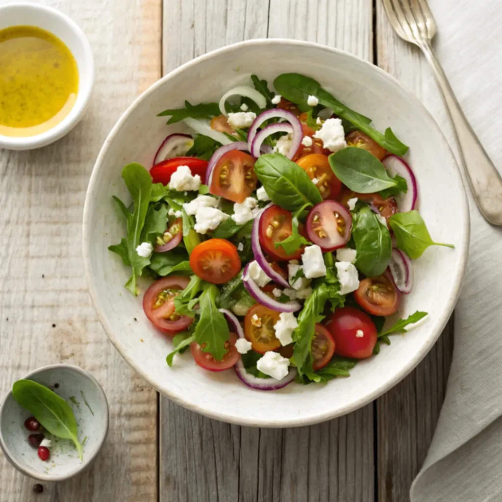 Frischer Jamie Oliver Salat mit Rucola, Kirschtomaten, roten Zwiebeln und Feta auf rustikalem Holztisch