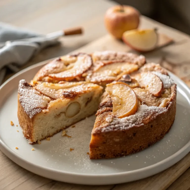 Ultrasaftiger Apfelkuchen auf einem weißen Teller, reich an Texturen und Farben, in natürlichem Licht aufgenommen