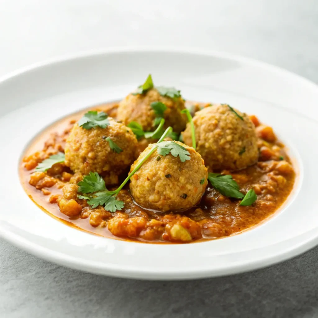 Herzhafte vegane Linsenknödel mit aromatischer Curry-Sauce, perfekt angerichtet auf einem weißen Teller