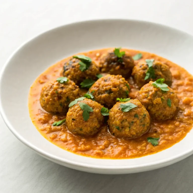 Vegane Linsenknödel mit würziger Curry-Sauce serviert auf einem weißen Teller in natürlichem Licht