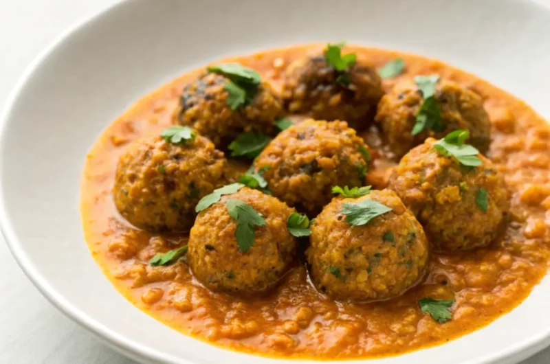 Vegane Linsenknödel mit würziger Curry-Sauce