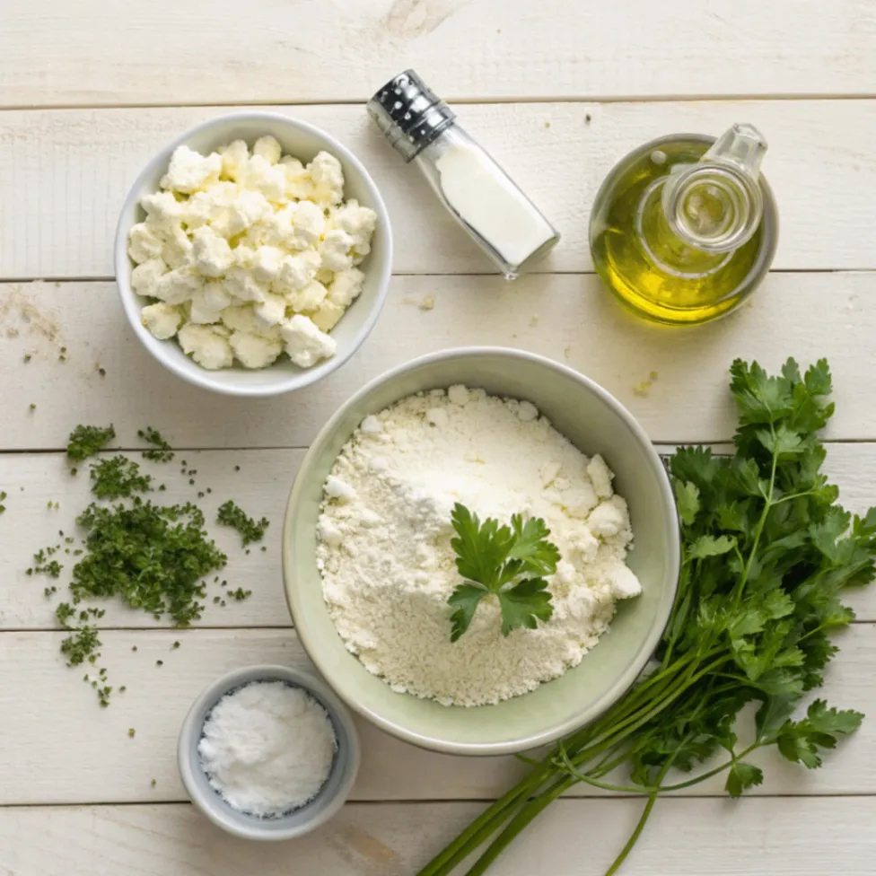 Frische Zutaten für Einfaches Feta-Fladenbrot: Mehl, Feta-Käse, Naturjoghurt, Olivenöl und Kräuter auf Holzuntergrund