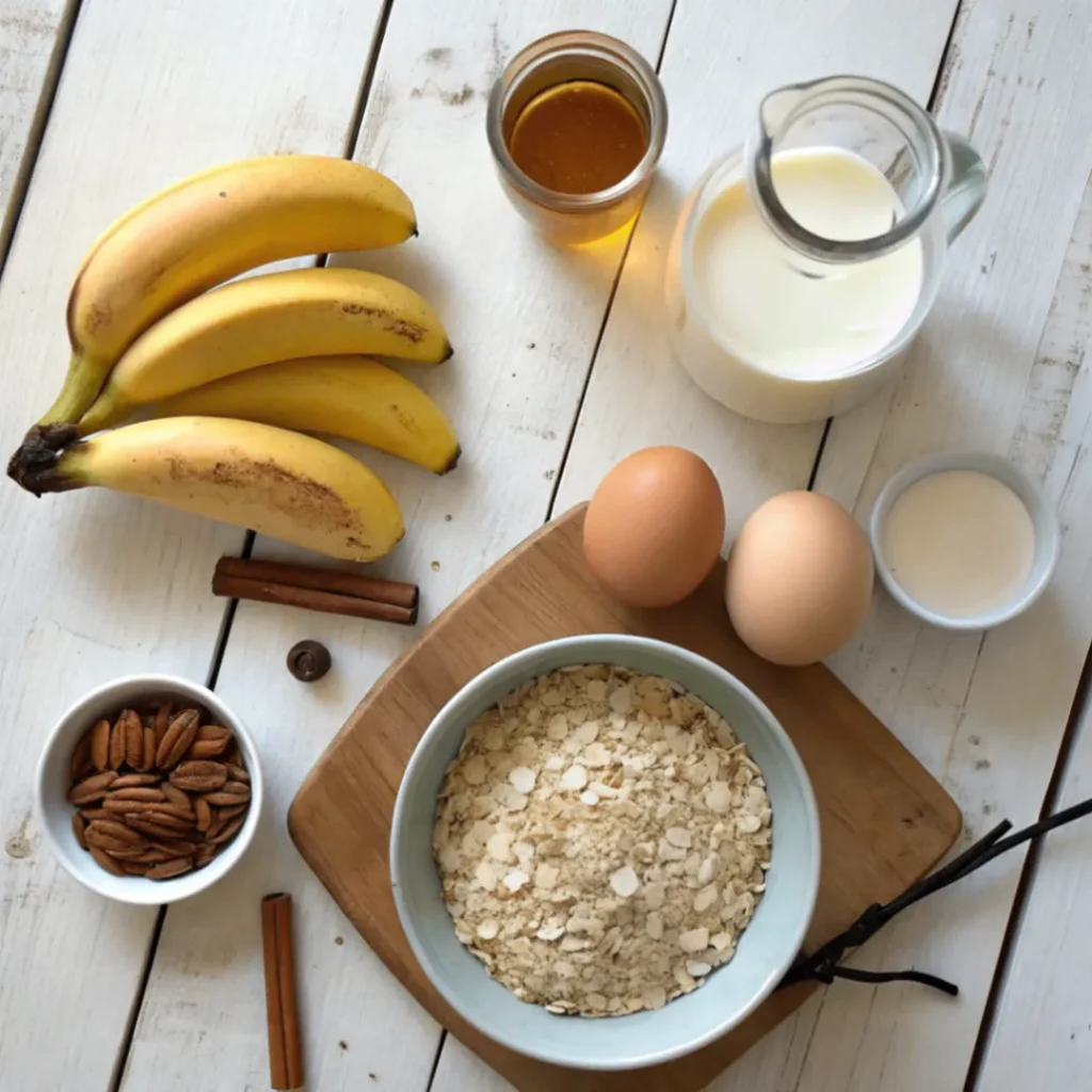 Frische Zutaten für gesunden Diätkuchen: Haferflocken, Bananen, Eier, Pflanzenmilch und Honig