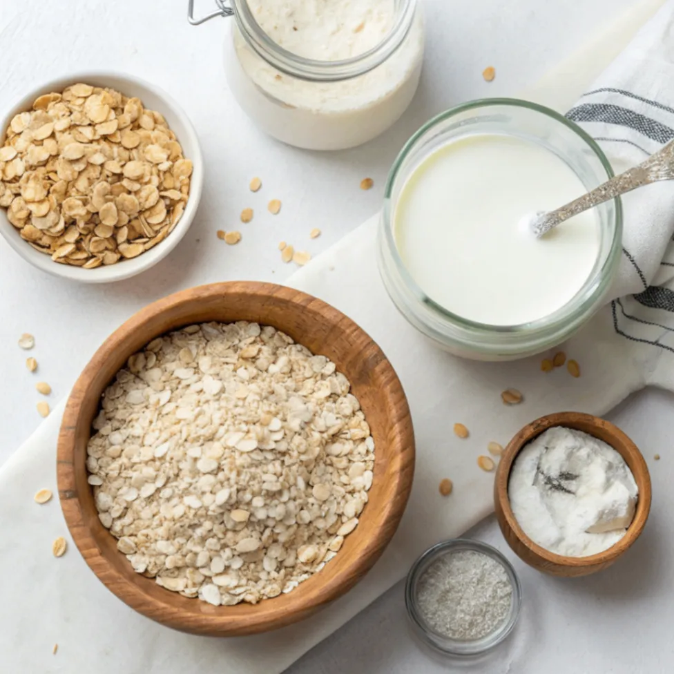 Haferflocken, Joghurt, Backpulver, Salz und Milch auf einem hellen Hintergrund für Haferflocken-Joghurt-Fladen