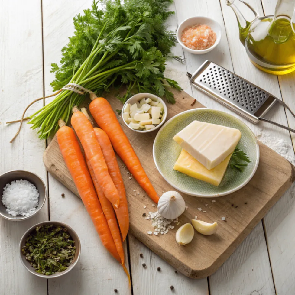 Frische Zutaten für Knoblauch-Parmesan-Ofenkarotten auf einem Holztisch – Karotten, Knoblauch, Parmesan, Olivenöl, Salz, Pfeffer und Petersilie