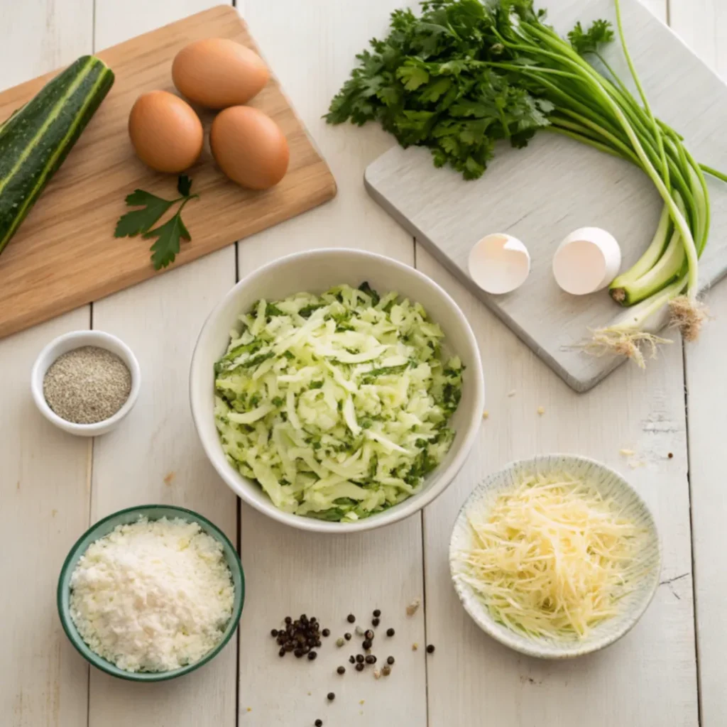 Frisch vorbereitete Zutaten für knusprige Zucchini-Feta-Bällchen wie Zucchini, Feta, Eier, Parmesan und Gewürze auf einem Holztisch