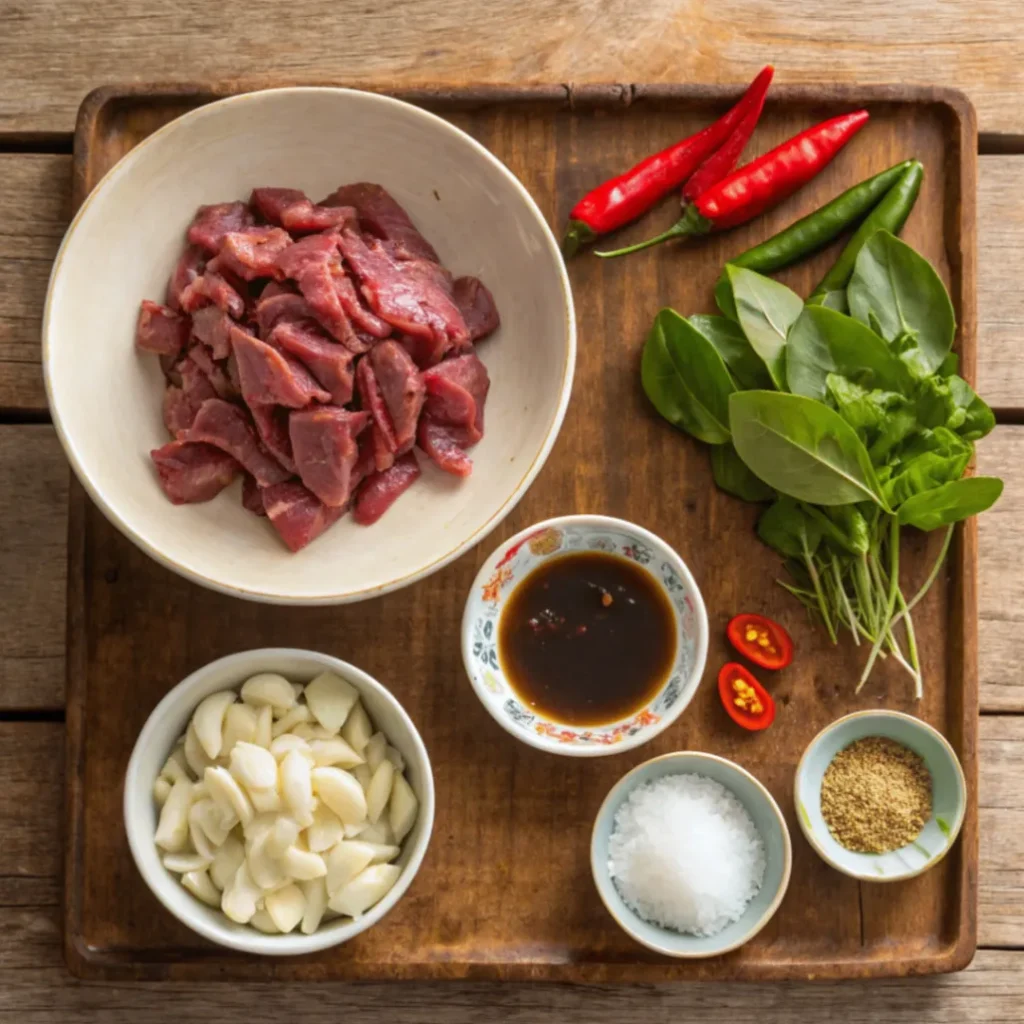 "Frische Zutaten für Pad Kra Pao mit thailändischem Basilikum und Rindfleisch, darunter Rindfleisch, thailändisches Basilikum, Knoblauch, Chilis und Soßen.