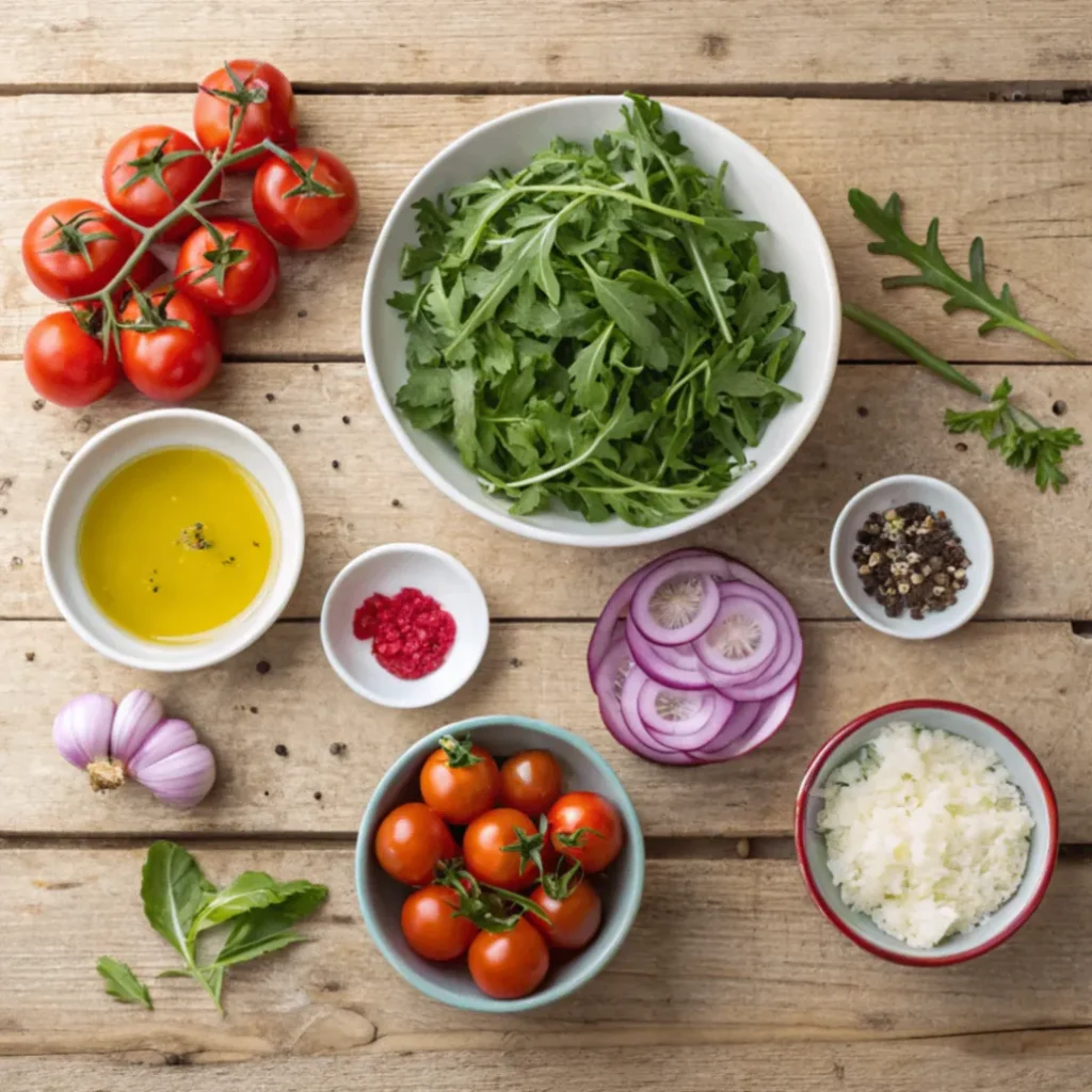 Frische Zutaten für einen Jamie Oliver Salat – Rucola, Tomaten, Zwiebeln, Feta, Basilikum, Zitrone, Senf und Olivenöl auf einem Holztisch