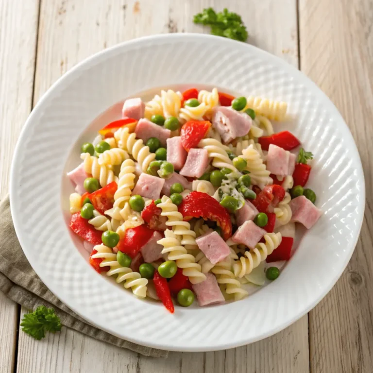 Ein Teller klassischer Nudelsalat mit Fusilli, Paprika, Erbsen, Schinken und cremigem Dressing, serviert auf einem weißen Teller