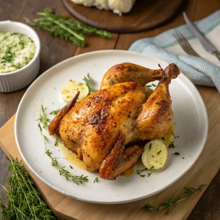 Ein saftiges Knoblauchbutter-Brathähnchen mit knuspriger, goldbrauner Haut, serviert auf einem weißen Teller mit frischen Kräutern und Zitronenscheiben.