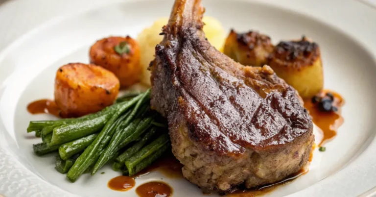 Nahaufnahme einer gebratenen Lammkeule mit goldbrauner Kruste, serviert auf einem weißen Teller mit Kräutern und Bratensaft